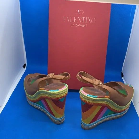 VALENTINOMulticolor Rainbow Leather/Canvas 1973 Espadrille Slingback Wedges 37
