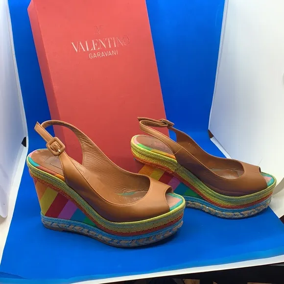 VALENTINOMulticolor Rainbow Leather/Canvas 1973 Espadrille Slingback Wedges 37