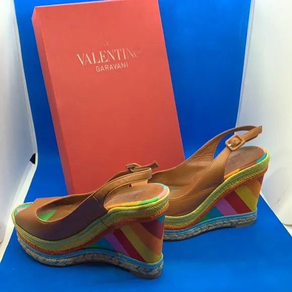 VALENTINOMulticolor Rainbow Leather/Canvas 1973 Espadrille Slingback Wedges 37