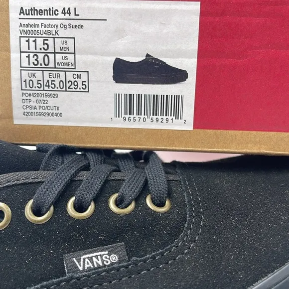 Vans Men's Authentic 44 LAnaheim Factory Og SuedeVN0005U4BLK Black Canvas Shoe