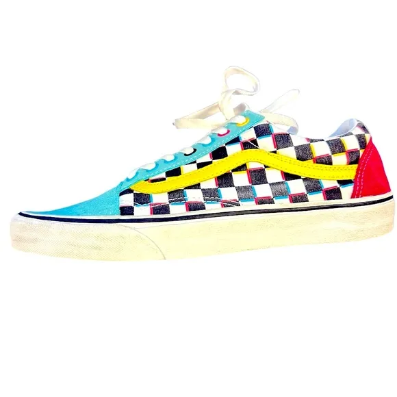 Vans Multicolor Black White Checkered Sneakers Shoes Teal Pink 80s Laceup Men 10