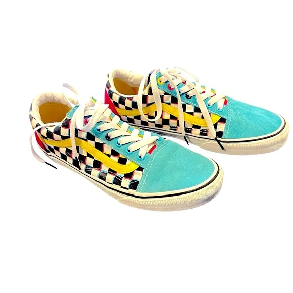 Vans Multicolor Black White Checkered Sneakers Shoes Teal Pink 80s Laceup Men 10