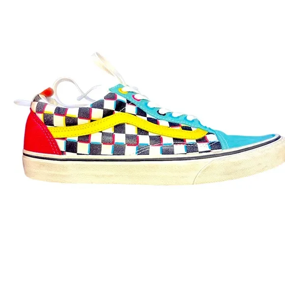 Vans Multicolor Black White Checkered Sneakers Shoes Teal Pink 80s Laceup Men 10
