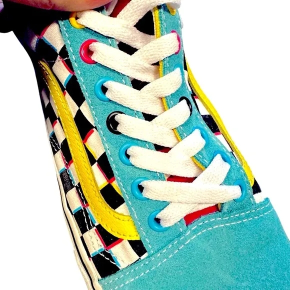 Vans Multicolor Black White Checkered Sneakers Shoes Teal Pink 80s Laceup Men 10