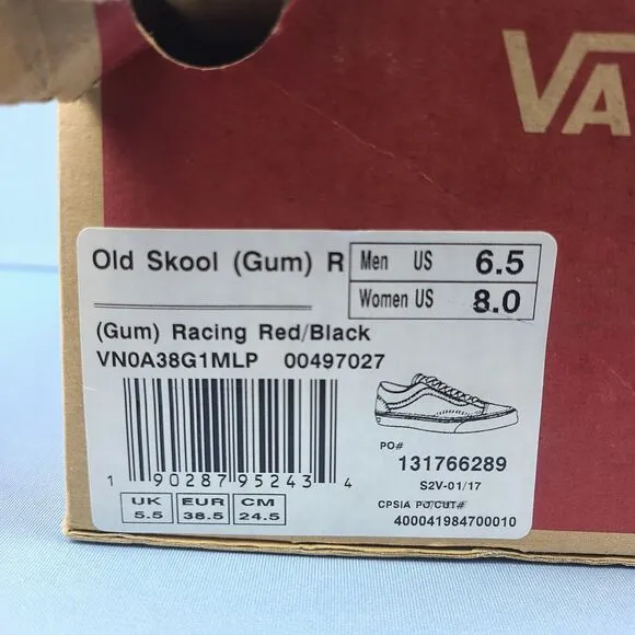 Vans Old Skool Mens Size 6.5 Canvas Skate Shoes Racing Red Gum Black VN0A38G1MLP