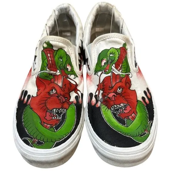 Vans Python Snake Devil Cat? Painted Slip On Sneakers Shoes Size M9.5 W11