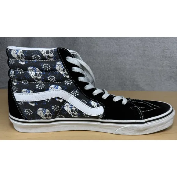 Vans Sk8-Hi Flash Skulls Black Blue White Canvas Suede shoes Mens Size 10.5