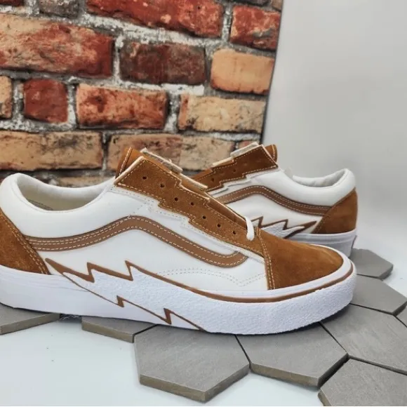 Vans White and Brown Old Skool Sneakers with Lightning Bolt