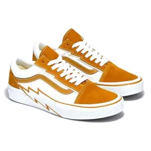 Vans White and Brown Old Skool Sneakers with Lightning Bolt