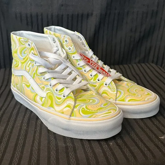 Vans Women's Sk8-Hi Tapered Swirl Lime Green Cream Canvas Shoes