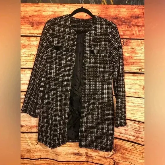 VENUS Black and White Tweed and Faux Leather Coat