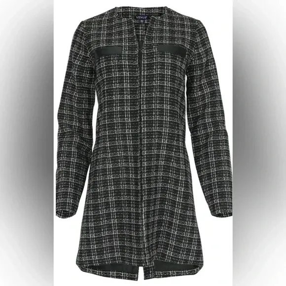 VENUS Black and White Tweed and Faux Leather Coat
