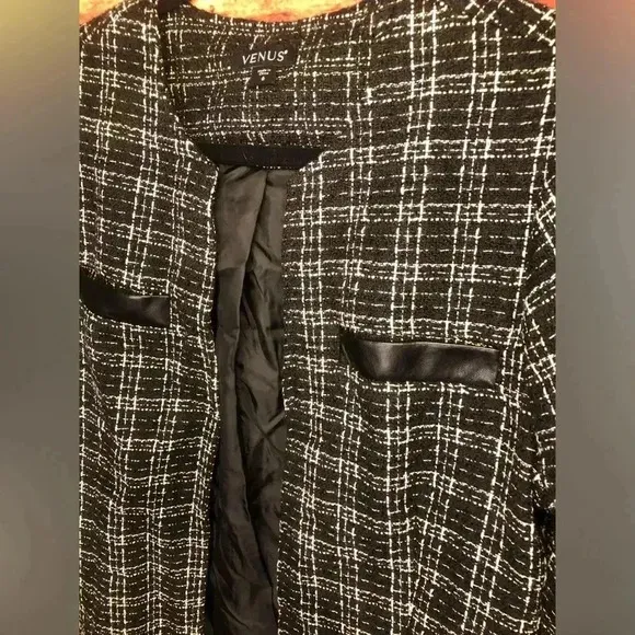 VENUS Black and White Tweed and Faux Leather Coat
