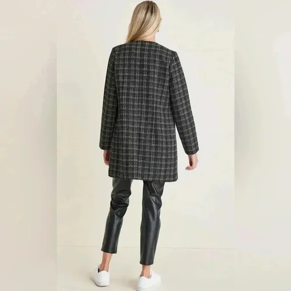 VENUS Black and White Tweed and Faux Leather Coat