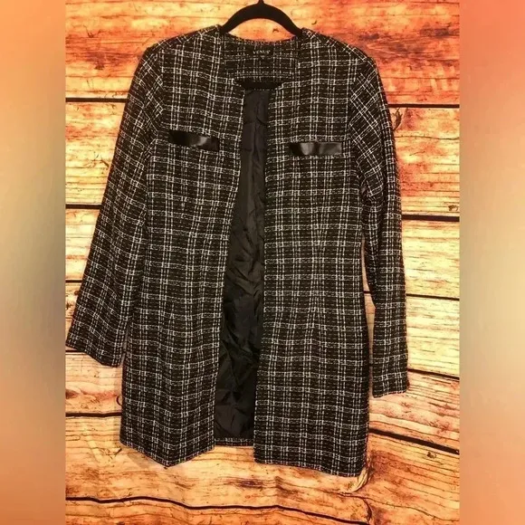 VENUS Black and White Tweed and Faux Leather Coat