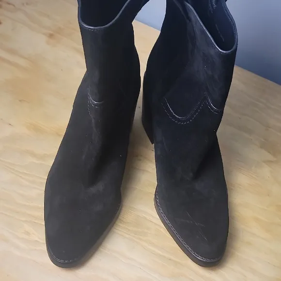 Veronica Beard Carmen Black Suede Western Heeled Boots with Stacked Wooden Heel