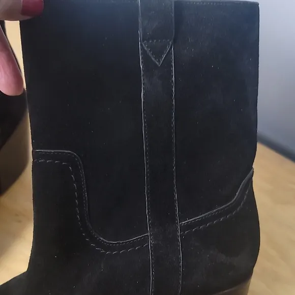 Veronica Beard Carmen Black Suede Western Heeled Boots with Stacked Wooden Heel