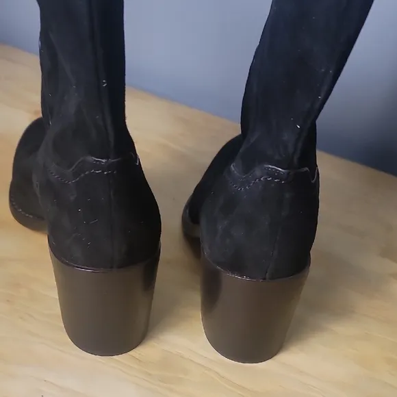 Veronica Beard Carmen Black Suede Western Heeled Boots with Stacked Wooden Heel