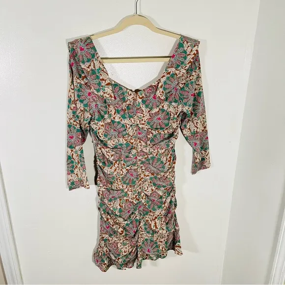 Veronica Beard Lozano Ruched Floral Printed Silk-blend Crepe Mini Dress Bohemian