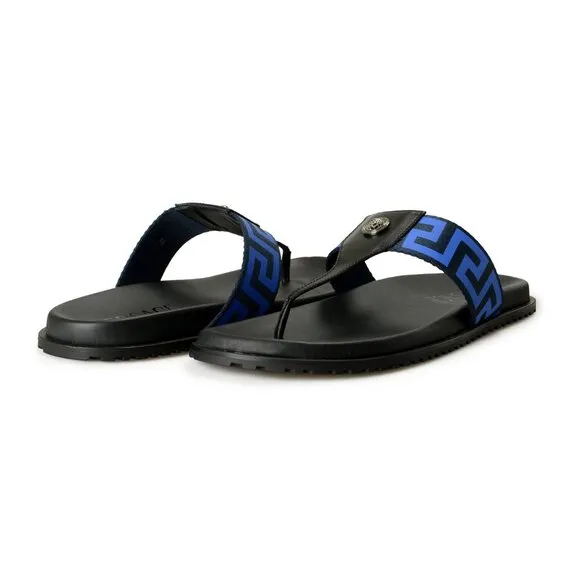 Versace Men's &quot;Greca&quot; Canvas&amp;Leather Pool Slide Flip Flops Shoes US 10.5 IT 43.5