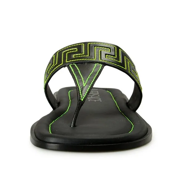 Versace Men's Black &amp; Green Leather Pool Slide Flip Flops Shoes US 11 IT 44