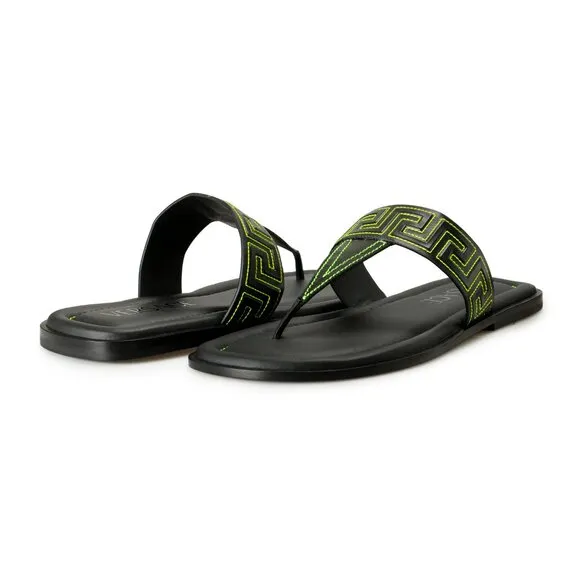 Versace Men's Black &amp; Green Leather Pool Slide Flip Flops Shoes US 11 IT 44