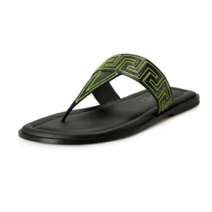 Versace Men's Black &amp; Green Leather Pool Slide Flip Flops Shoes US 7 IT 40