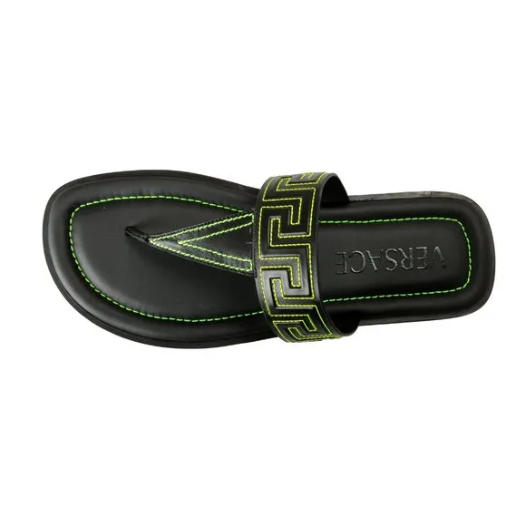 Versace Men's Black &amp; Green Leather Pool Slide Flip Flops Shoes US 7 IT 40
