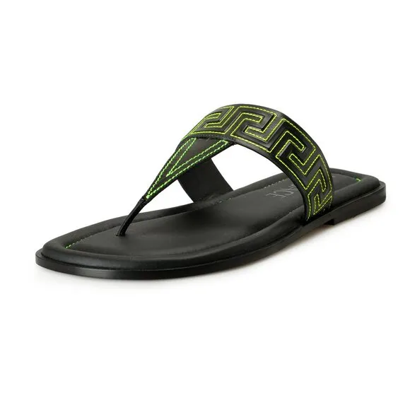 Versace Men's Black &amp; Green Leather Pool Slide Flip Flops Shoes US 7 IT 40