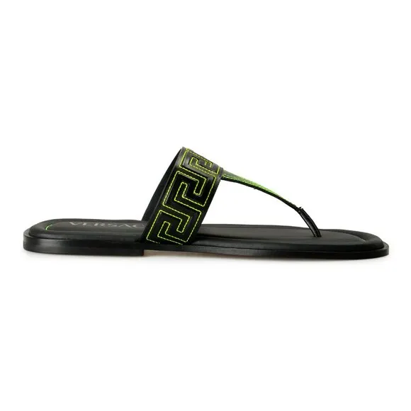 Versace Men's Black &amp; Green Leather Pool Slide Flip Flops Shoes US 7 IT 40