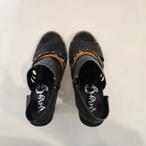 VERY G Jamison Black Brown Canvas Strappy Leopard Print Peep Toe Wedges Womens 8