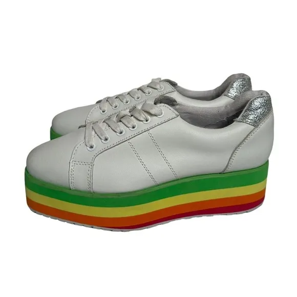Very Volatile Womens Rainbow Platform Shoes White Leather Lace Up Retro Size 8.5