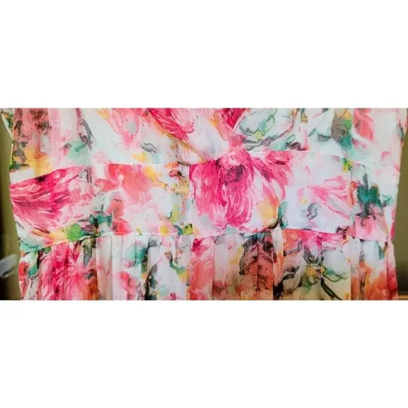 VICI V-Neck Multi Pink Floral Spaghetti Strap Smocked Tiered Maxi Dress SZ LG NW