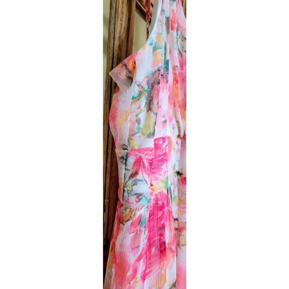 VICI V-Neck Multi Pink Floral Spaghetti Strap Smocked Tiered Maxi Dress SZ LG NW