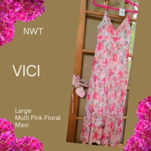 VICI V-Neck Multi Pink Floral Spaghetti Strap Smocked Tiered Maxi Dress SZ LG NW