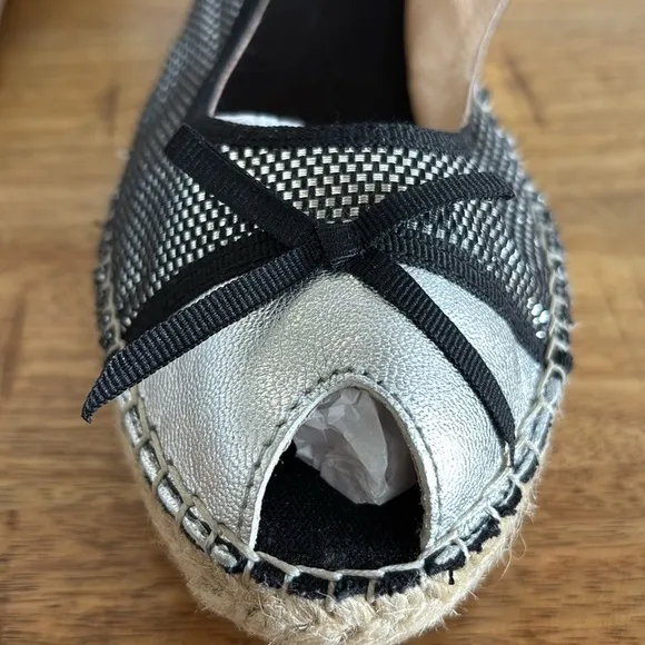 Vidorreta Black and Silver Espadrille Wedge Shoes with Bow Detail
