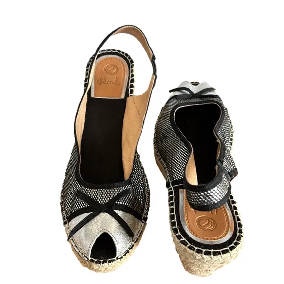 Vidorreta Black and Silver Espadrille Wedge Shoes with Bow Detail