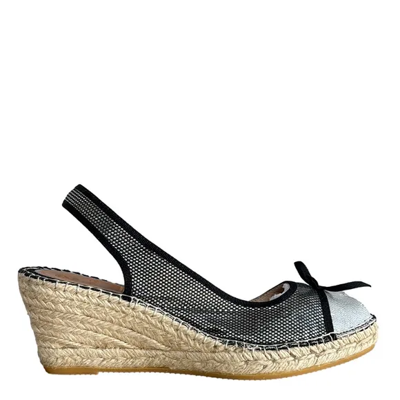 Vidorreta Black and Silver Espadrille Wedge Shoes with Bow Detail