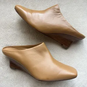 Vince Benita Cognac Tan Leather Mules Women 7 M Square Toe Slip On Clog Wedge