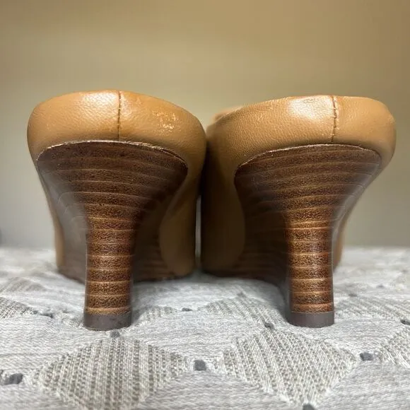 Vince Benita Cognac Tan Leather Mules Women 7 M Square Toe Slip On Clog Wedge