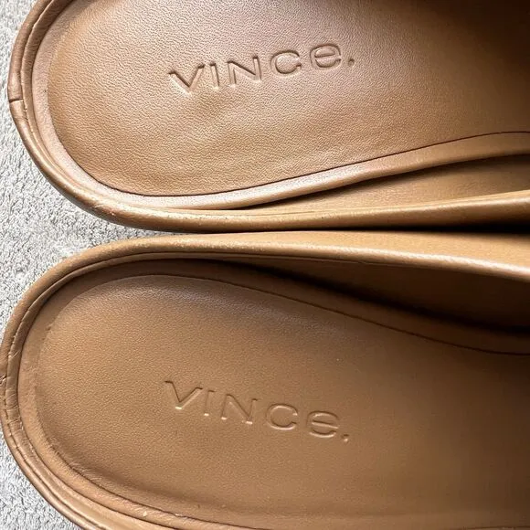 Vince Benita Cognac Tan Leather Mules Women 7 M Square Toe Slip On Clog Wedge
