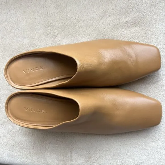 Vince Benita Cognac Tan Leather Mules Women 7 M Square Toe Slip On Clog Wedge