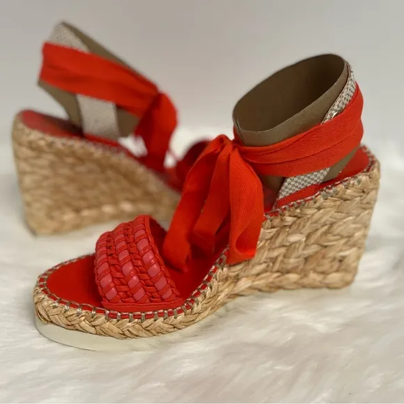 Vince Camuto Brisshel Wedge Ankle-Tie Sandal In Coral Red size 8.5 NWOB
