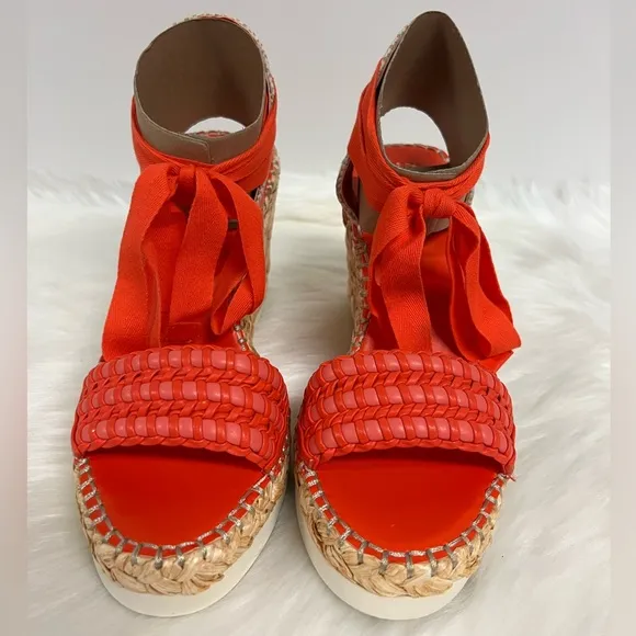 Vince Camuto Brisshel Wedge Ankle-Tie Sandal In Coral Red size 8.5 NWOB