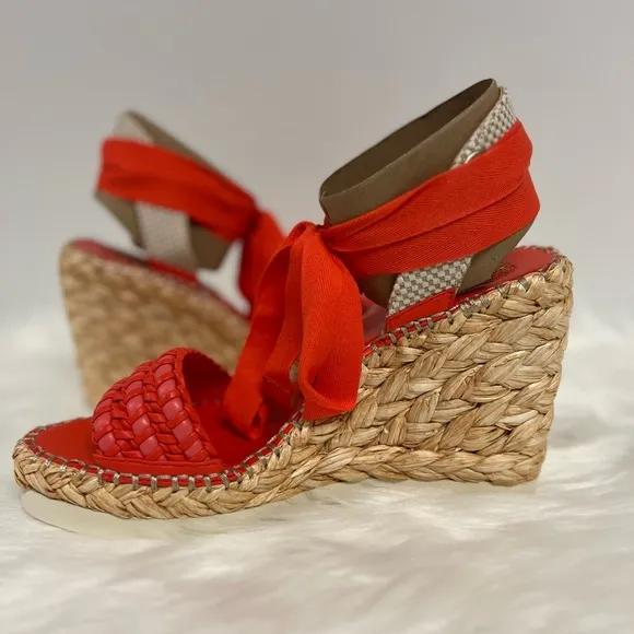 Vince Camuto Brisshel Wedge Ankle-Tie Sandal In Coral Red size 8.5 NWOB