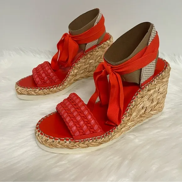 Vince Camuto Brisshel Wedge Ankle-Tie Sandal In Coral Red size 8.5 NWOB