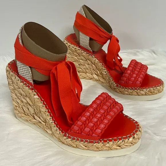 Vince Camuto Brisshel Wedge Ankle-Tie Sandal In Coral Red size 8.5 NWOB