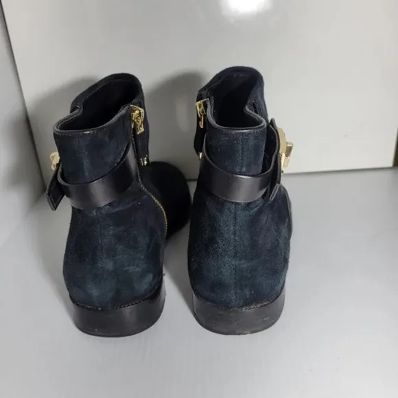 Vince Camuto flat ankle spring boots almond toe gold buckle suede black size 7