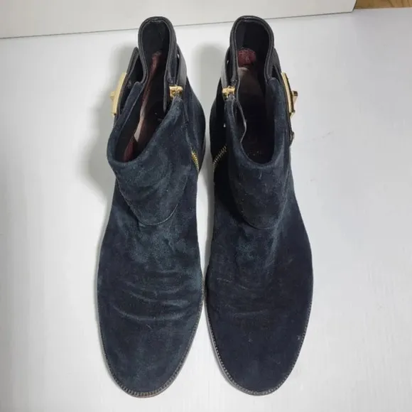 Vince Camuto flat ankle spring boots almond toe gold buckle suede black size 7