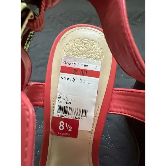 Vince Camuto Mathis Coral Leather Wooden Heel T-Strap Wedge Sandals SZ 8.5M Chic